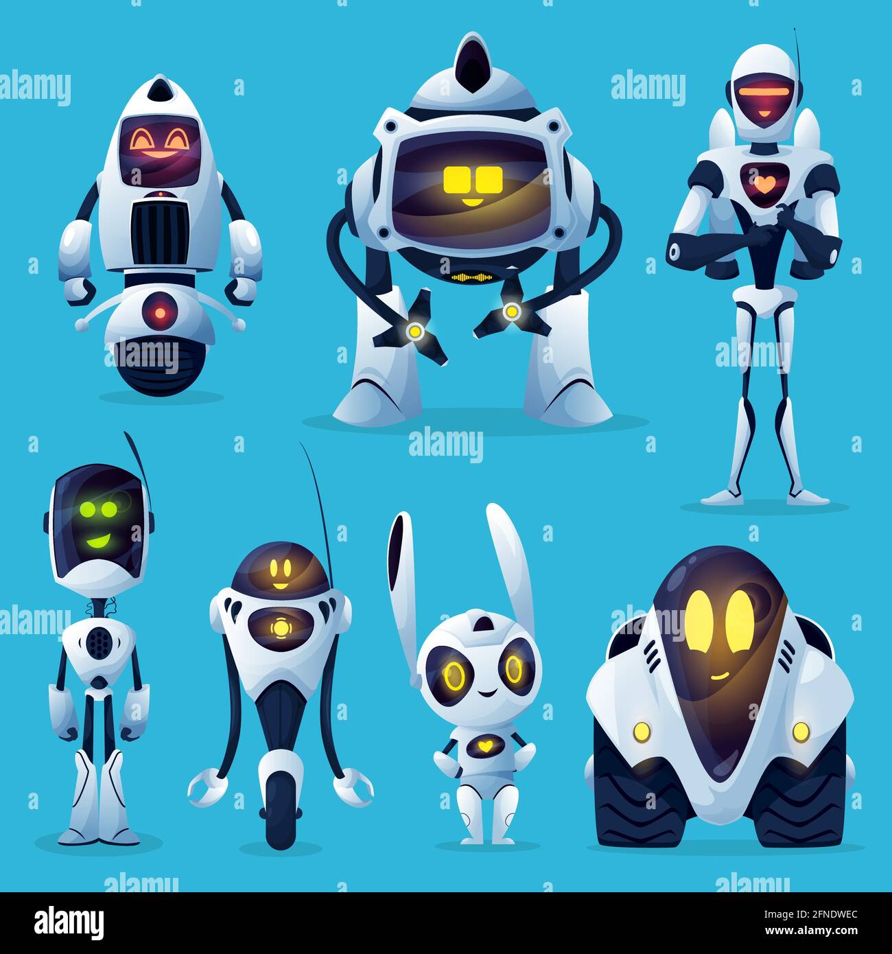 Modern robot cartoon characters with vector white artificial intelligence  bots. Cute ai robot toys, androids and cyborgs, chatbots and droid helpers  Stock Vector Image & Art - Alamy