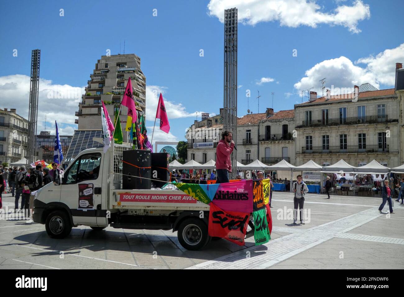 Union truck rallying people on Comedy Plaza, downtown Montpellier, Occitanie, South of France Stock Photo