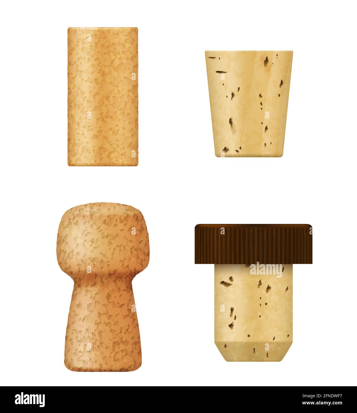 Corks and wine stoppers for bottle, vector realistic 3D objects. Champagne and cognac alcohol