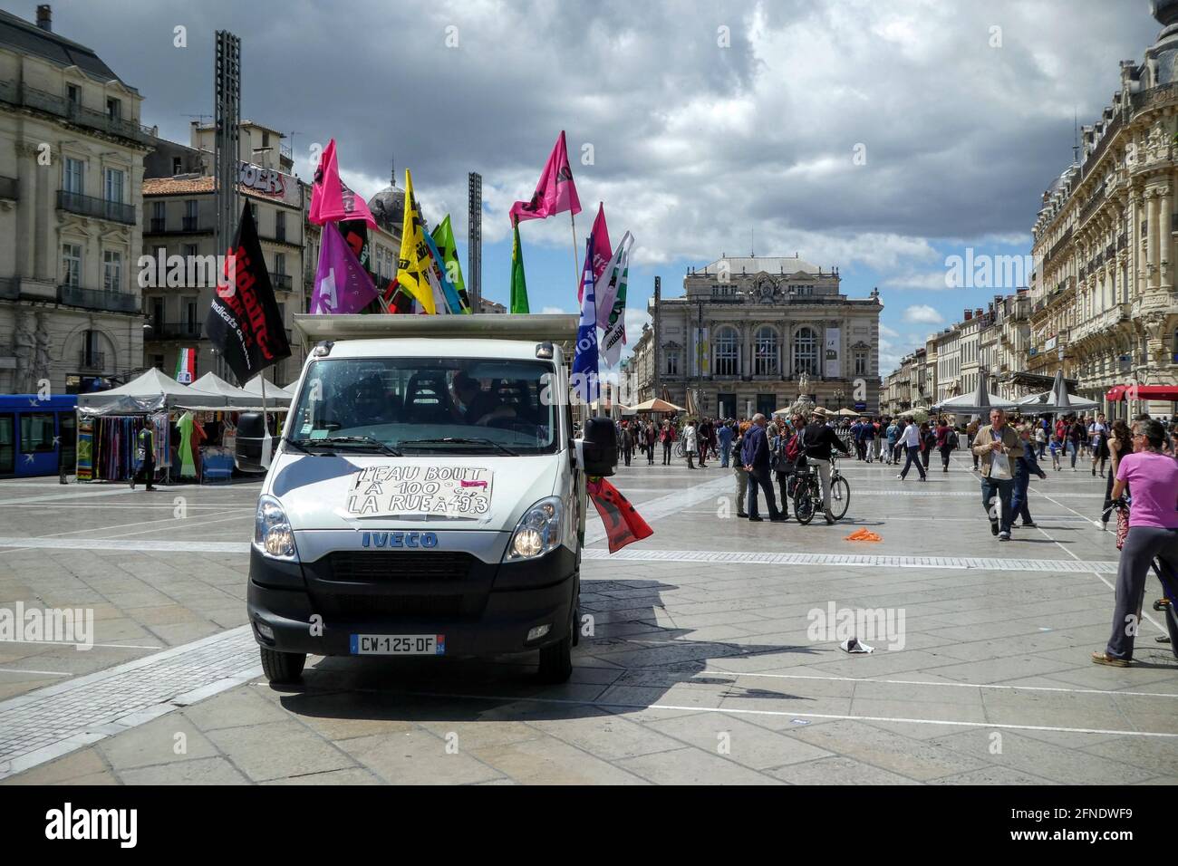 Union truck rallying people on Comedy Plaza, downtown Montpellier, Occitanie, South of France Stock Photo