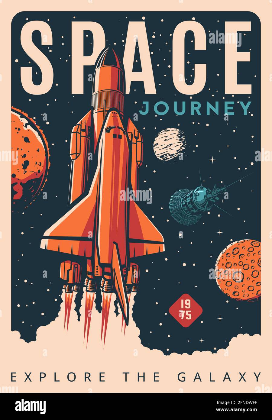 Spaceship or shuttle retro poster, rocket launch to space galaxy, vector.  Spacecraft startup to universe, spaceman flight and exploration of planets  Stock Vector Image & Art - Alamy