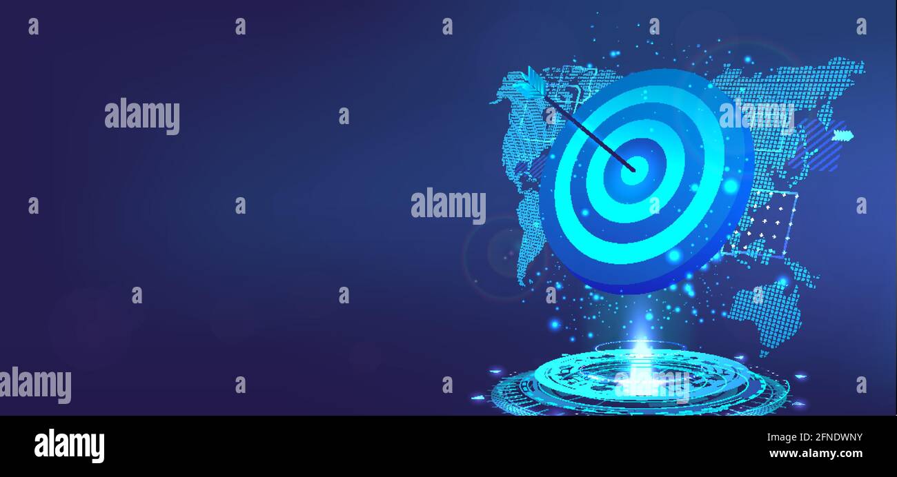 Goal achievement concept. Business banner template with 3D Goal, hologram and world map. Target for darts with an arrow to the bull's eye. Success Stock Vector