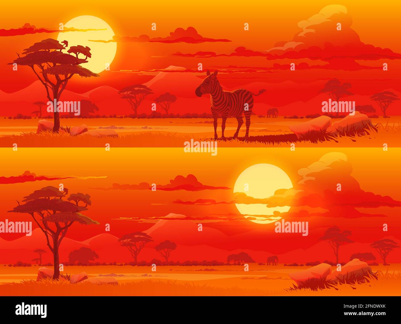 Sunset in african savannah cartoon vector background. Zebra and elephant, trees and grass, mountains peaks and setting sun disk. Africa nature, nation Stock Vector