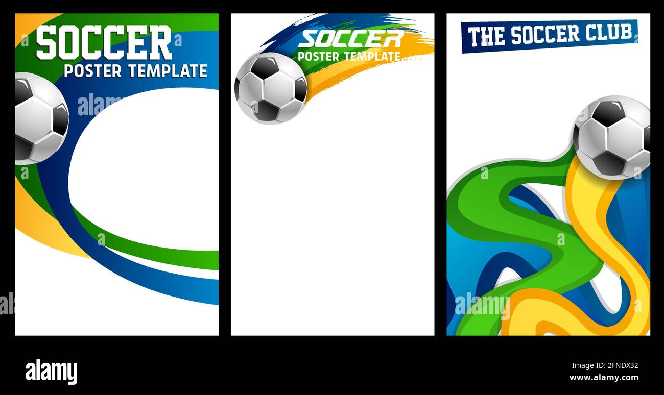 Soccer, football posters with realistic 3d ball and colorful cartoon and grunge trails of yellow