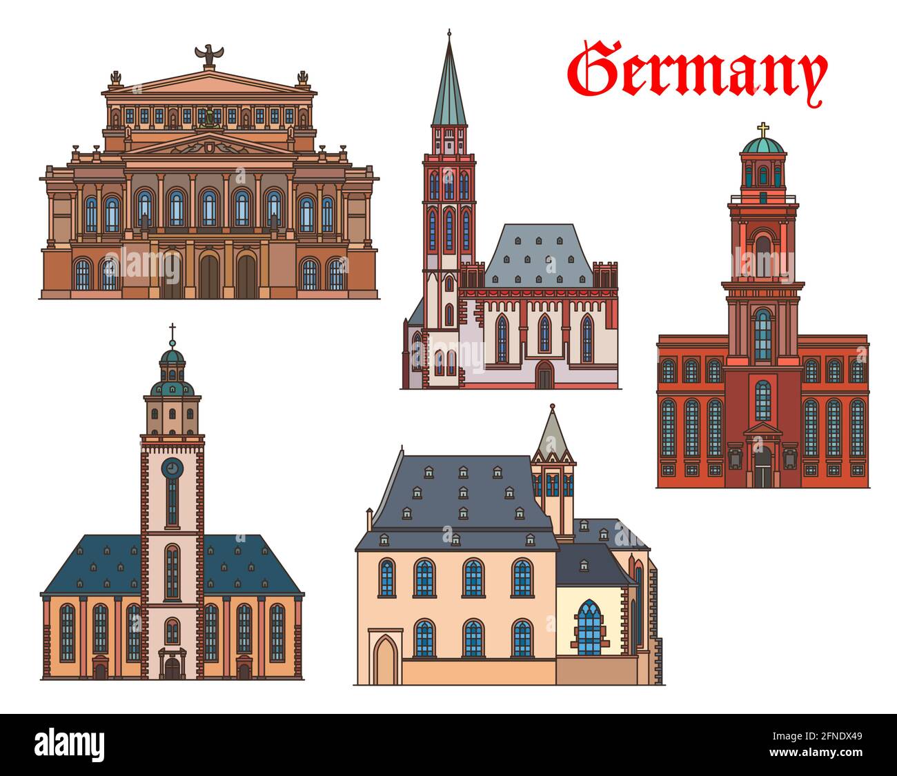 Germany, architecture of Frankfurt, buildings and vector travel landmarks. St Catherine, Saint Paul and Leonhard church, Alte Oper concert hall and Ni Stock Vector