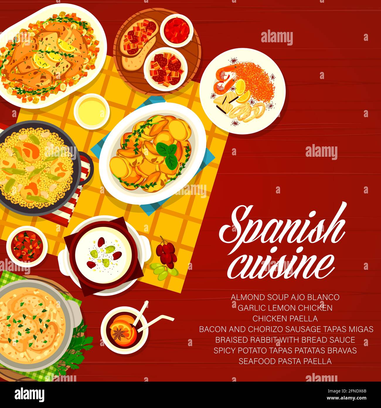 Spanish cuisine vector menu cover bacon and chorizo sausage tapas migas and braised rabbit with bread sauce. Almond soup ajo blanco, garlic lemon and Stock Vector