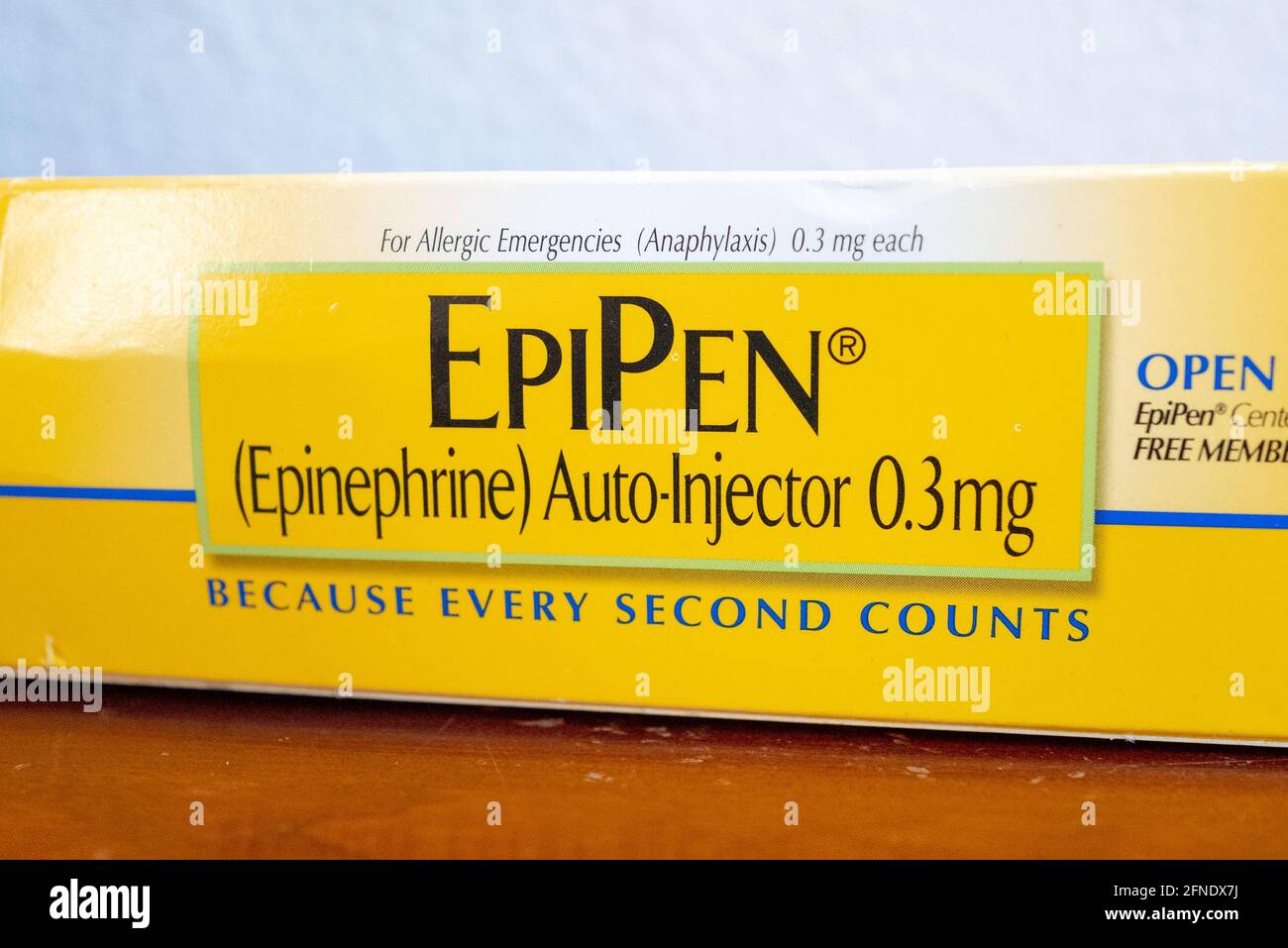 Close up of a yellow 'EpiPen' branded epinephrine autoinjector box with the caption 'Because Every Second Counts', February 17, 2021. () Stock Photo