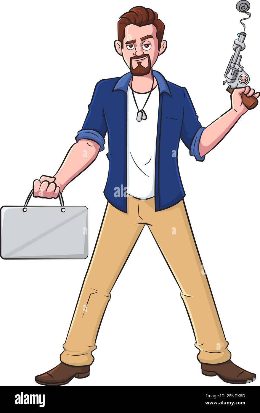 Cartoon vector illustration of a gangster posing and holding a briefcase and gun Stock Vector