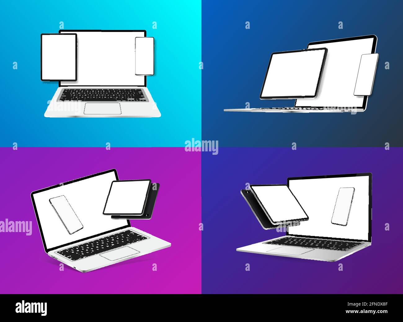 Mockups Gadgets, Devices and its Compositions. 3D realistic Smartphone, tablet, laptop, notebook with blank screen. Devices in perspective and Stock Vector