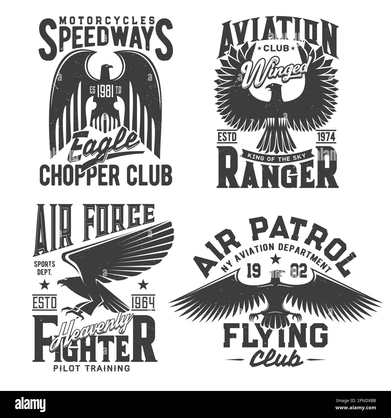 Eagle t-shirt print with aviation, motorcycle races and fight club vector emblems. Gothic eagle with wings and stars, pilot academy, air patrol and mo Stock Vector