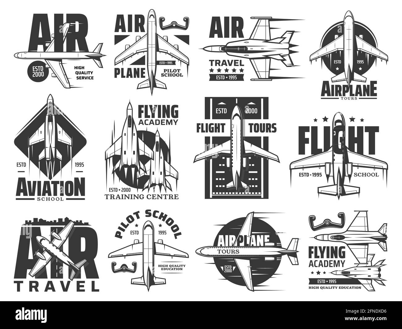 Air travel tours and aviation school icons set. Army flying academy training center, pilot courses emblem or badge. Civil passenger airliner and milit Stock Vector