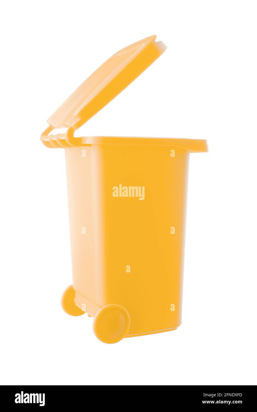 Plastic yellow trash can isolated on white background Stock Photo Alamy
