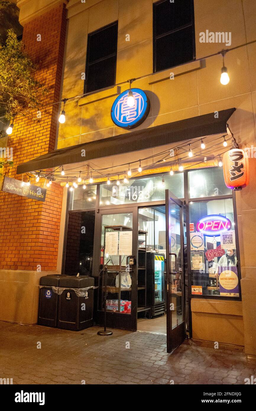 Facade at Ramen Hiroshi restaurant at night in downtown Walnut Creek