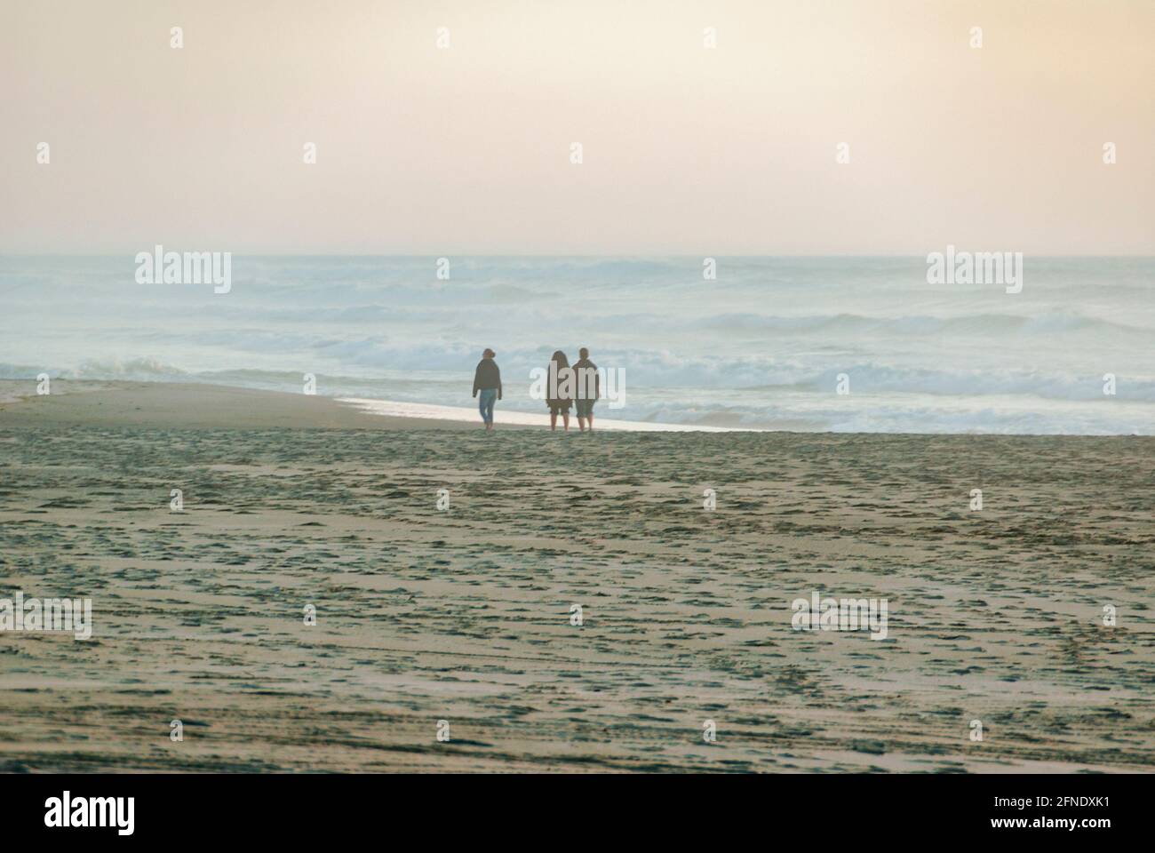 Three women share companionship while walking the beach on a foggy day in Oregon, USA. Stock Photo