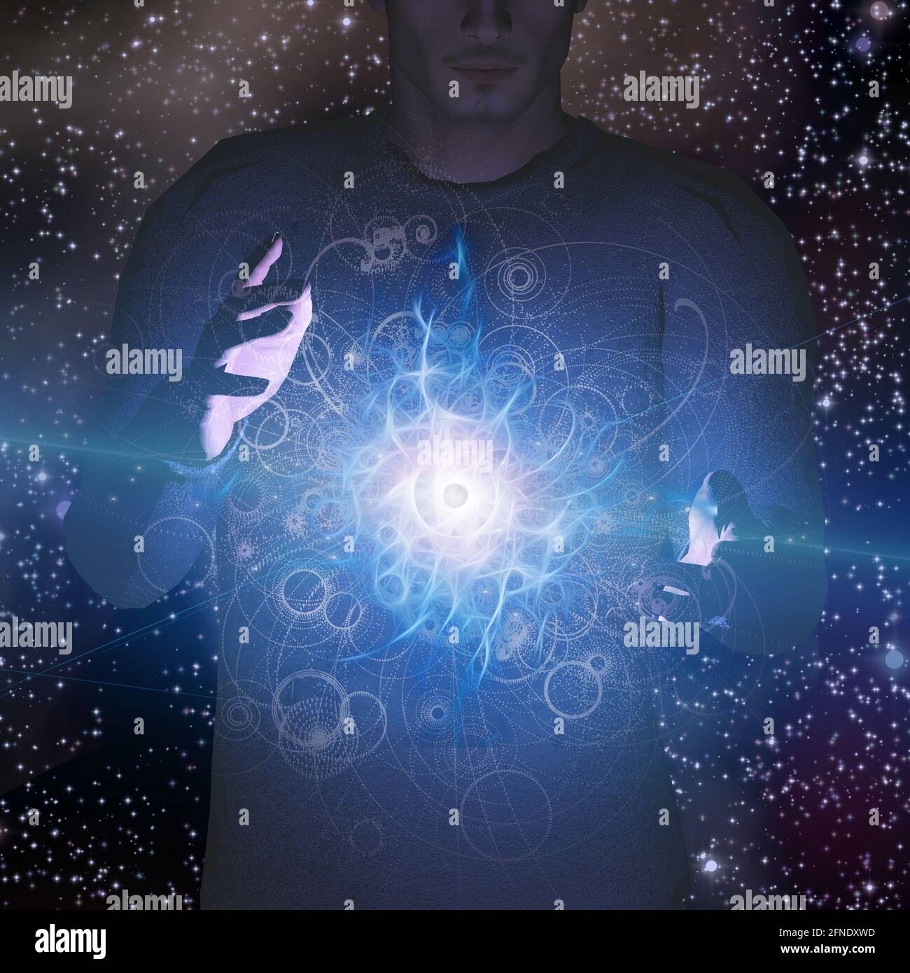 Man with eye design between his hands. Starry sky. 3D rendering. Stock Photo
