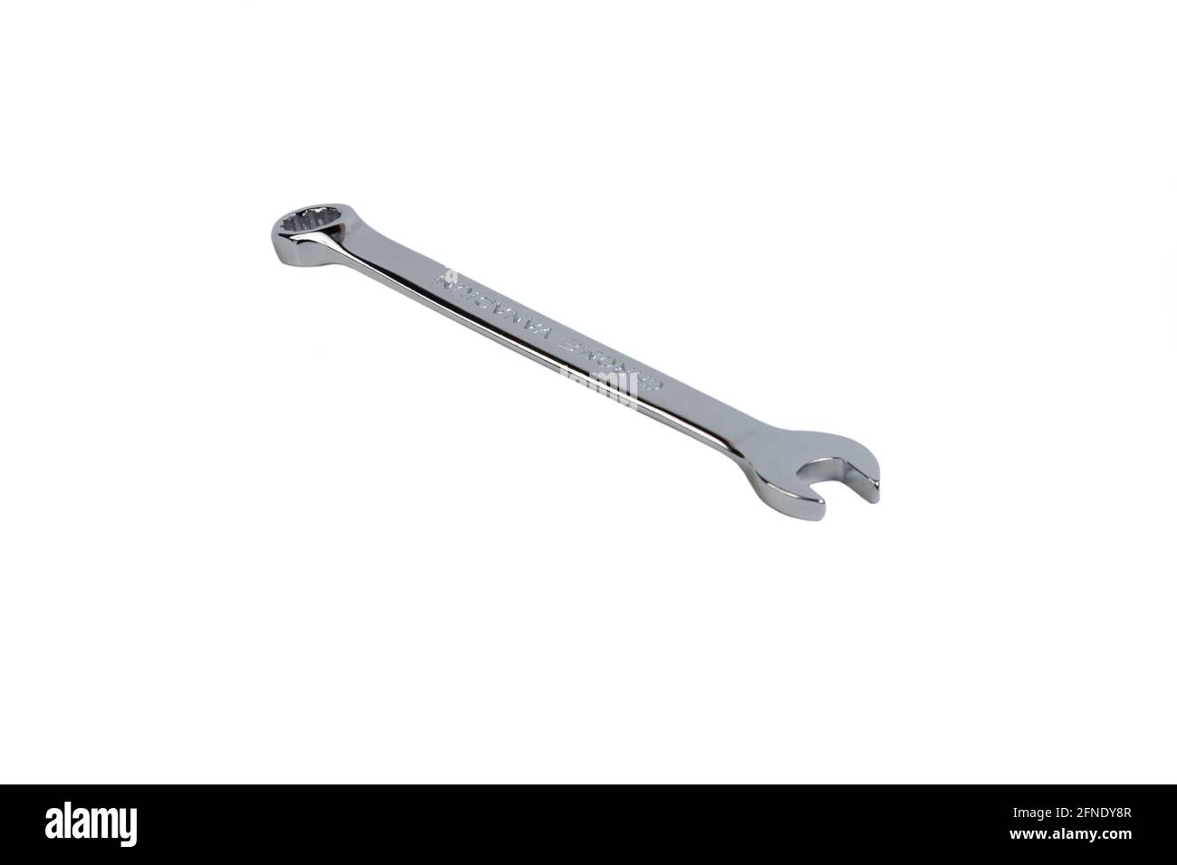 Chrome plated box wrench on white isolated background. Stock Photo