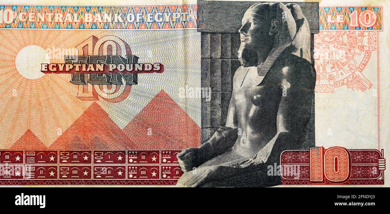 A fragment of the reverse side of an old 10 Egyptian pounds banknote Issue year 1976, signed Mohamed Ibrahim with an image of Khafre Enthroned, non ci Stock Photo