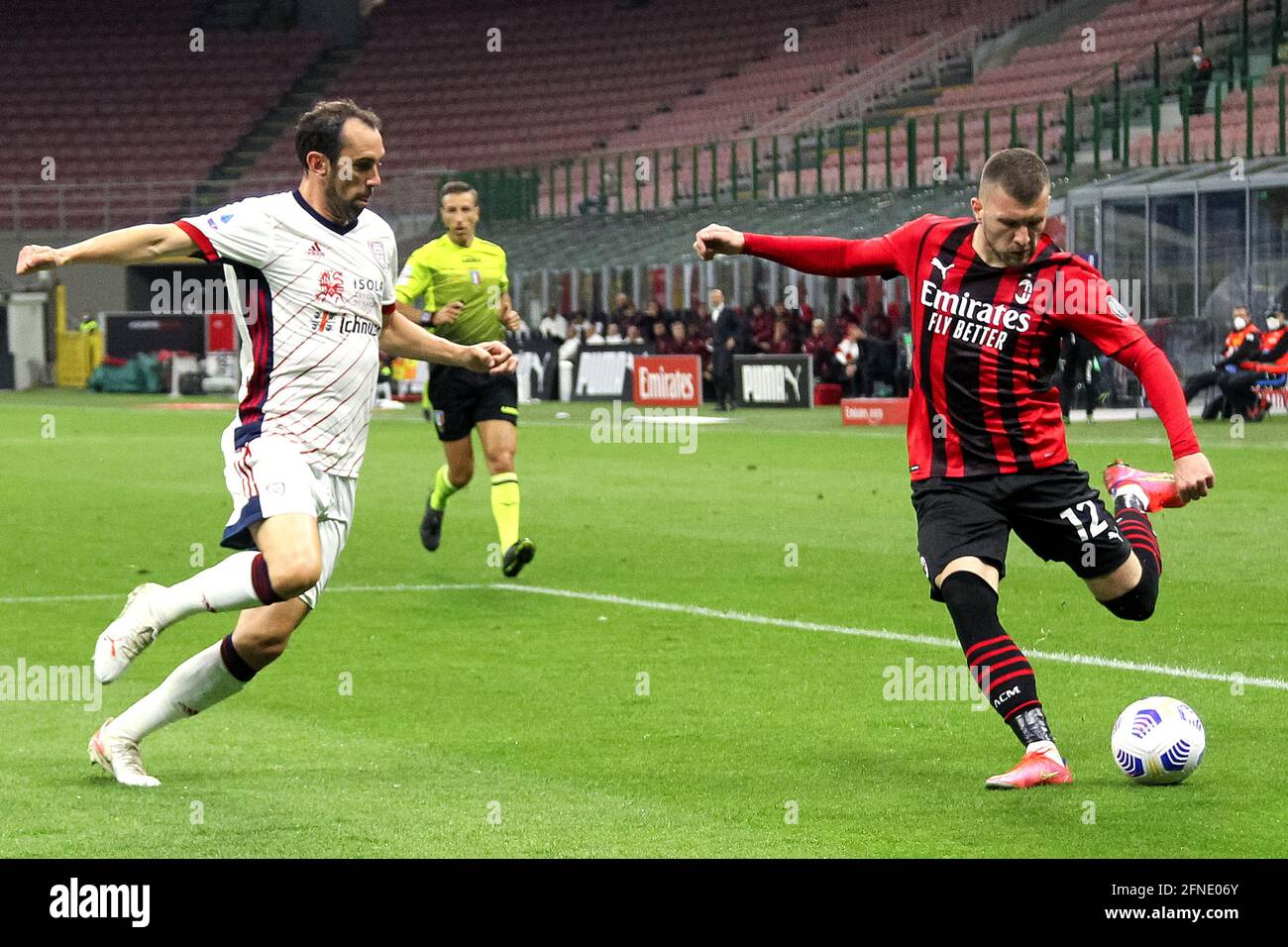 MILAN, ITALY - MAY 16: Diego Godin of Cagliari Calcio and Ante Rebic of AC Milan during the Serie A match between AC Milan and Cagliari Calcio at Stadio Giuseppe Meazza on May 16, 2021 in Milan, Italy (Photo by Ciro Santangelo/Orange Pictures) Stock Photo