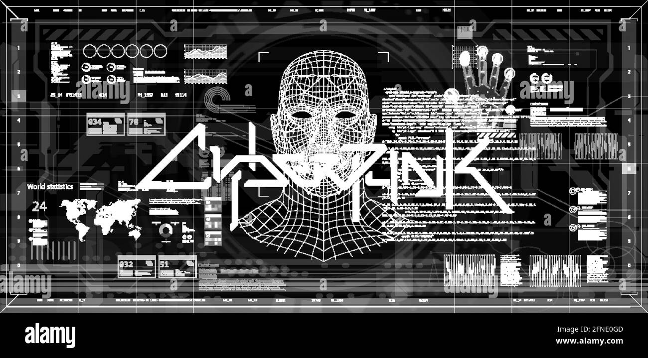 Black and white screen banner concept cyberpunk with HUD interface and scan palm, face and fingerprint. Banner with lettering and elements scifi Stock Vector