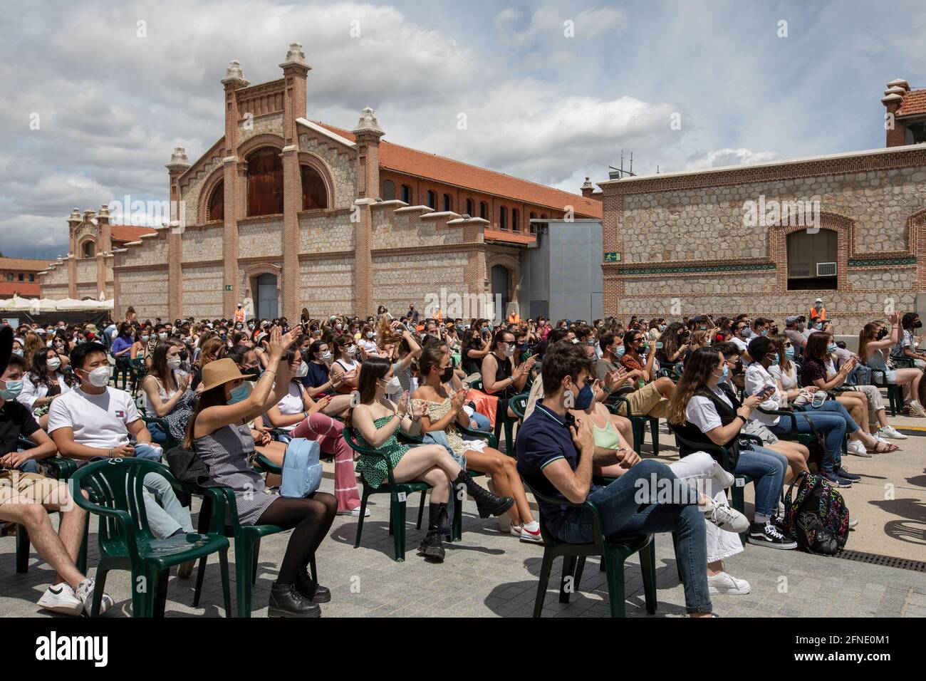 Madrid, Spain. 16th May, 2021. People wearing face masks attend a music  concert of singer Don Patricio in Matadero Madrid during the San Isidro  Festivities. The Festivities of San Isidro 2021 are