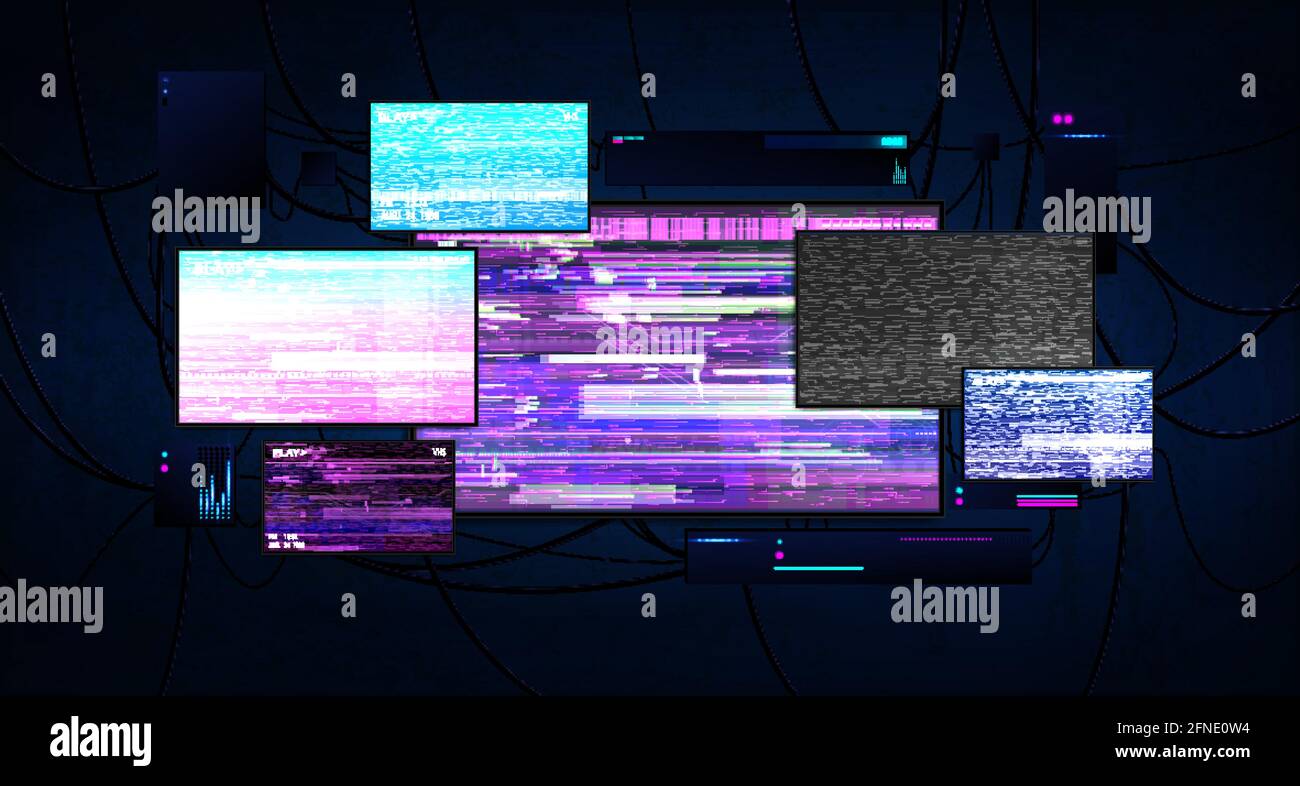 Futuristic server room with screens glitch effect. Dark cyberspace with burning monitors, wires and working equipment. Cyberpunk server room with Stock Vector