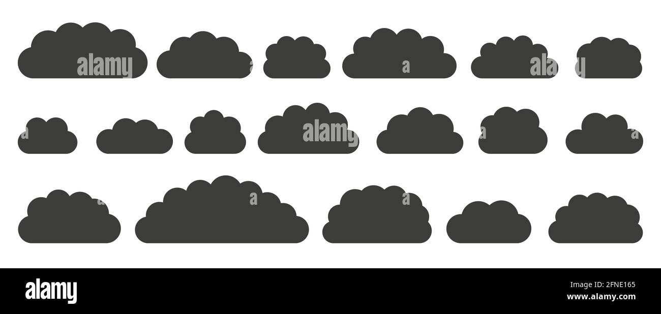 Black flat vector cloud set. Clouds cartoon symbols on white background ...