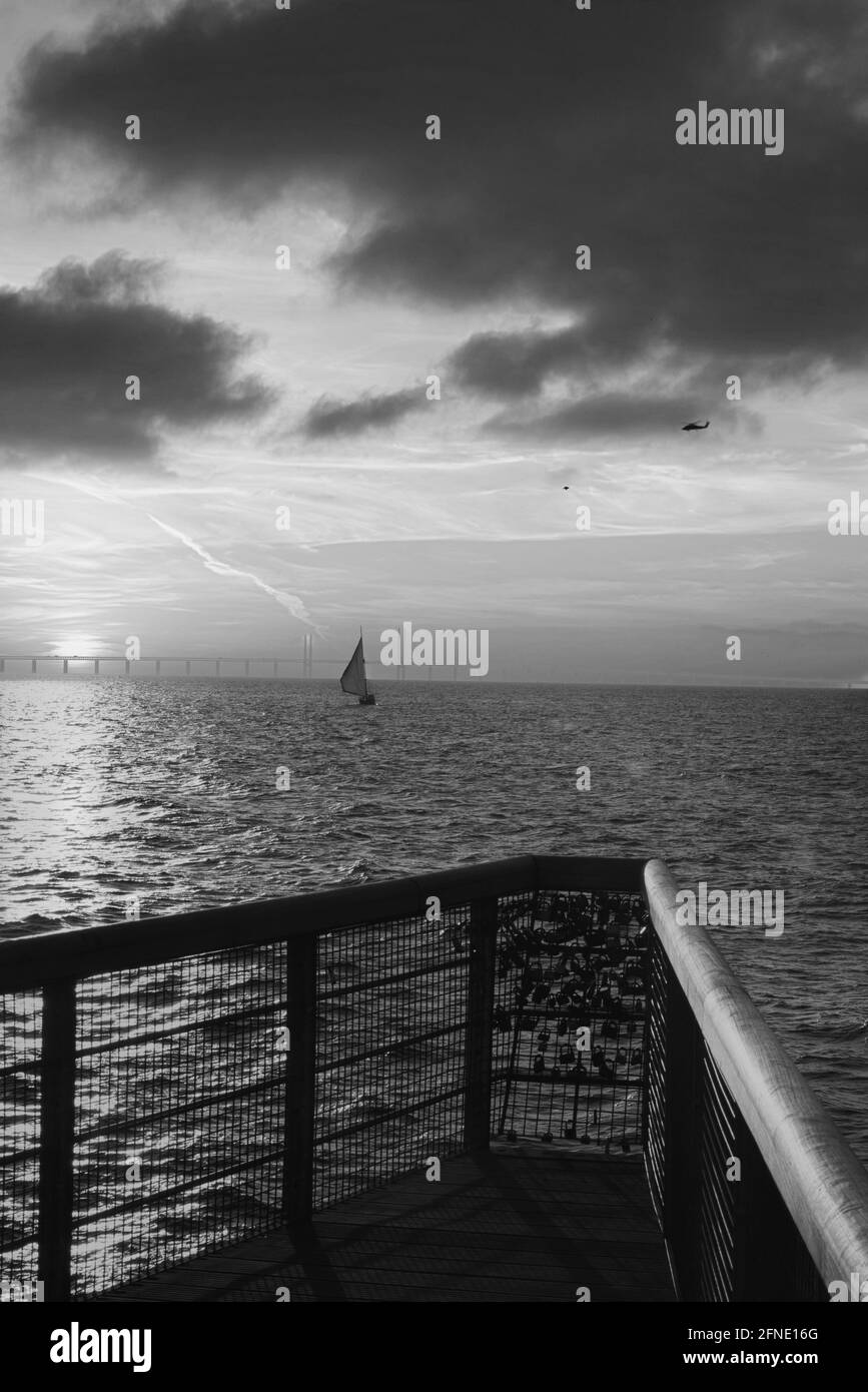 210501 Malmo Sweden - Black and white photo over pier of love locks. High quality photo Stock Photo