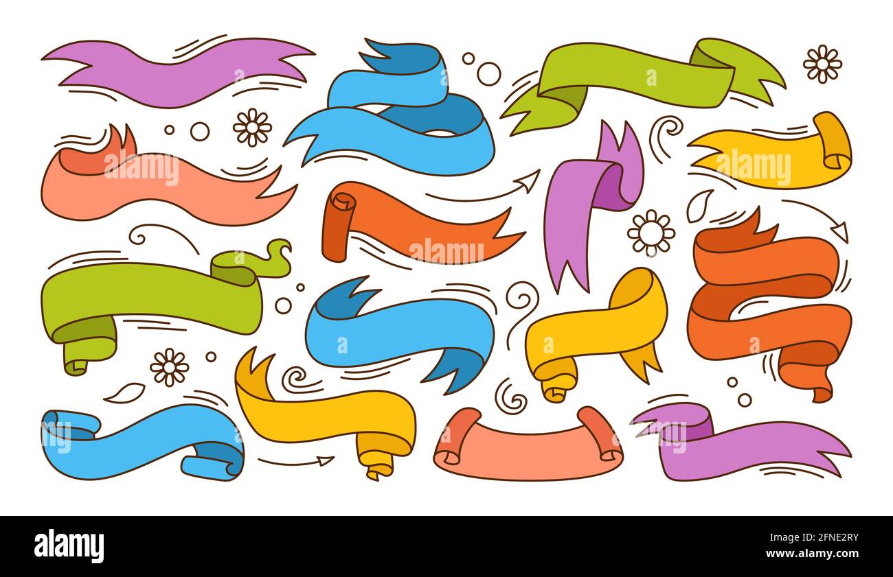 Ribbon colorful doodle cartoon set. Tape blank flat collection ...