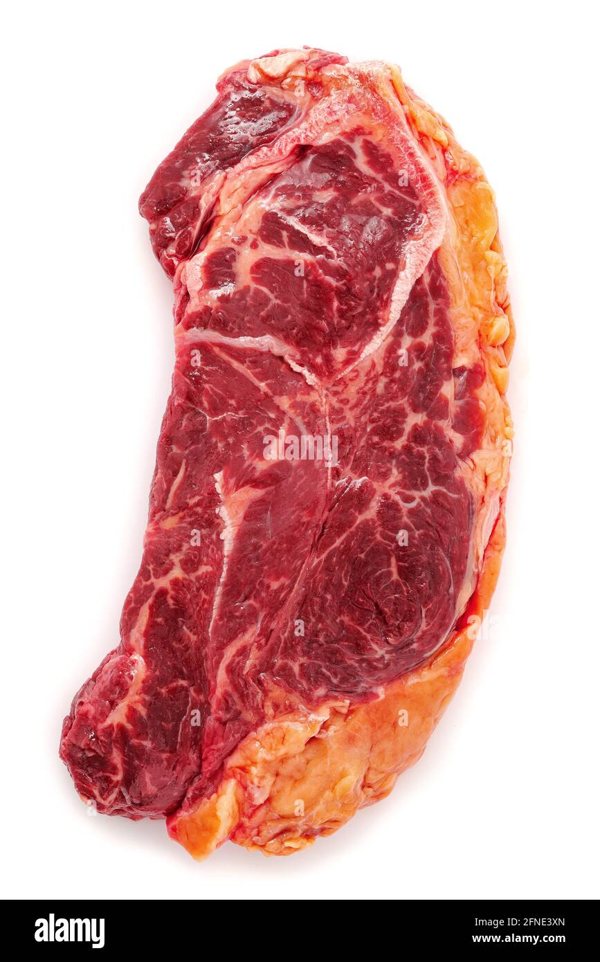 Raw strip loin steak isolate on white background. Flatlay of fresh raw