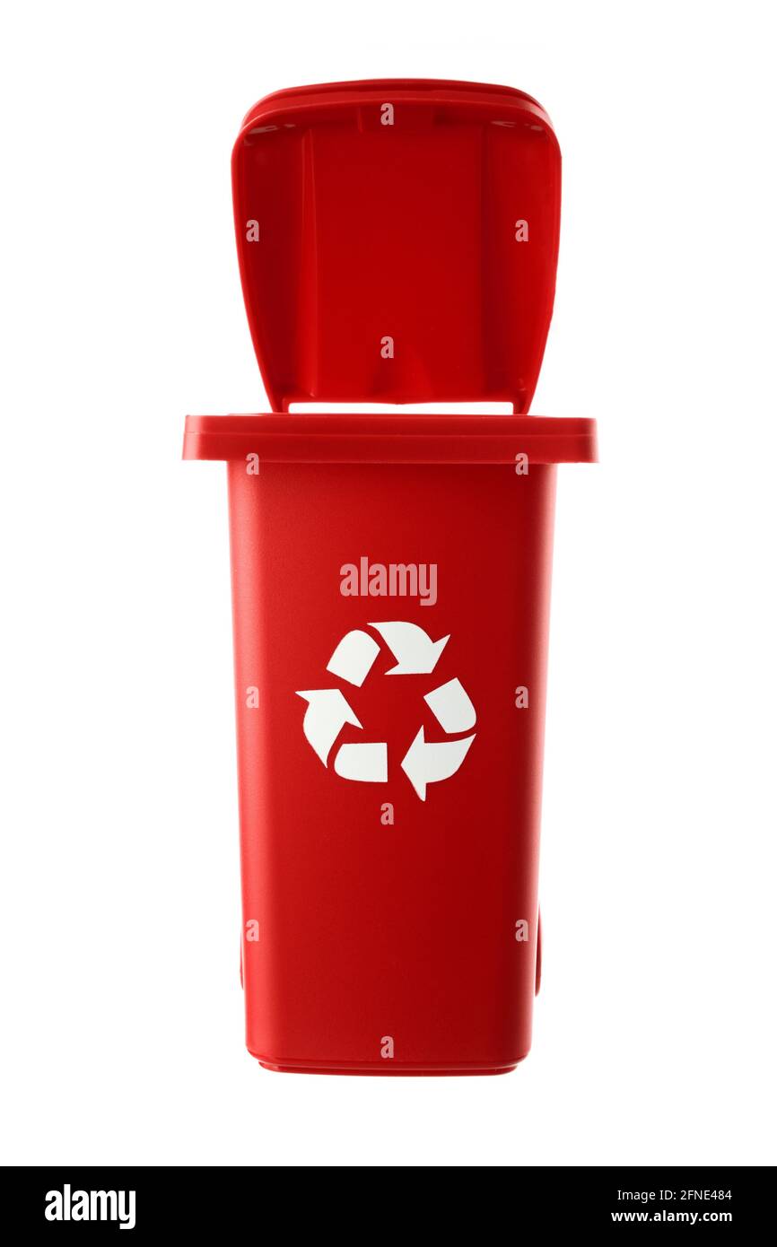 Plastic red trash can isolated on white background Stock Photo