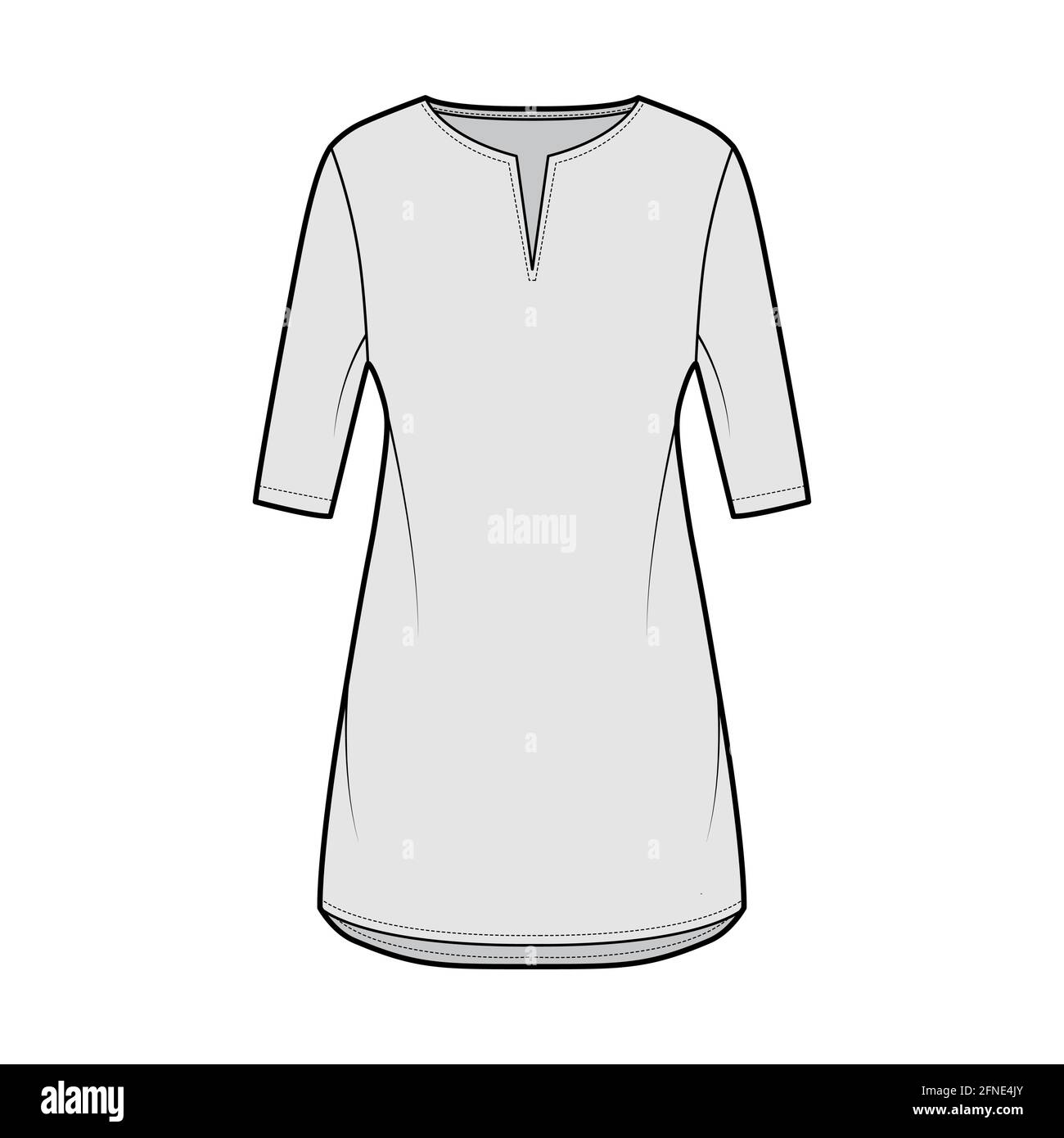Dress tunic technical fashion illustration with elbow sleeves, oversized body, mini length skirt, slashed neck. Flat apparel front, grey color style. Women, men unisex CAD mockup Stock Vector