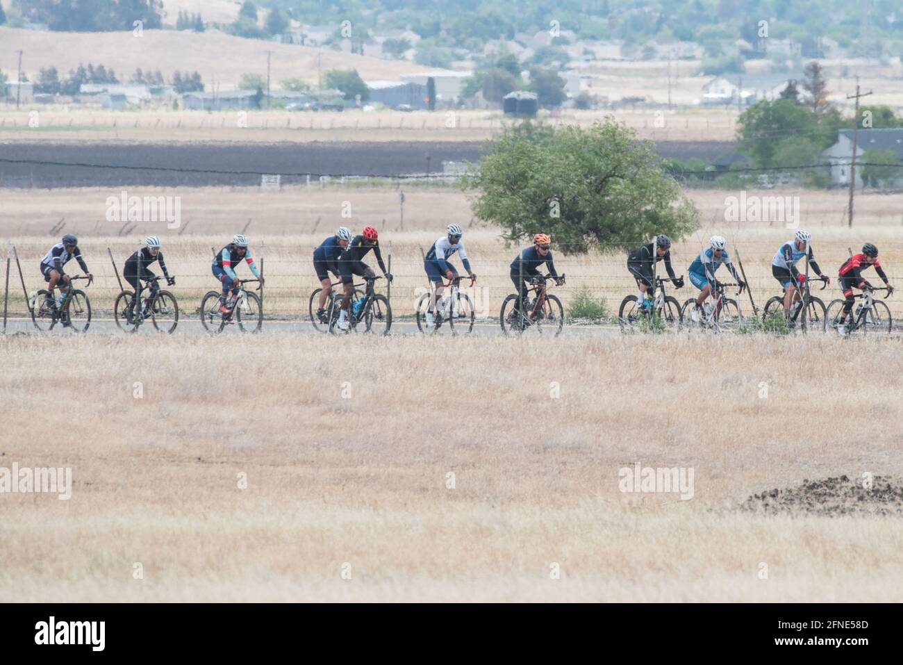 A biking club rides across a flat portion of road in the East bay region of California. The cyclists line up in a row on their bikes. Stock Photo
