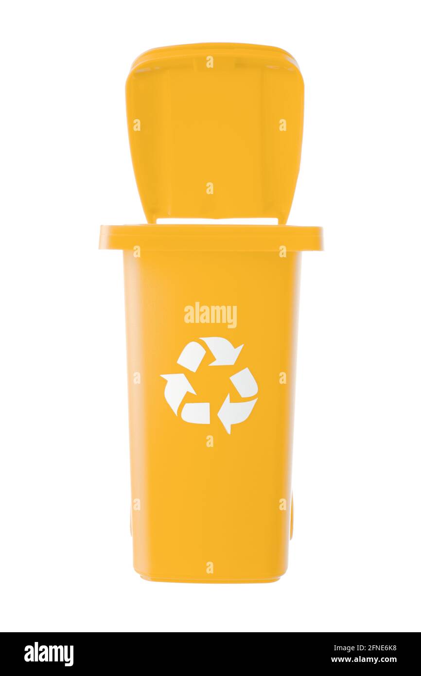 Plastic yellow trash can isolated on white background Stock Photo Alamy