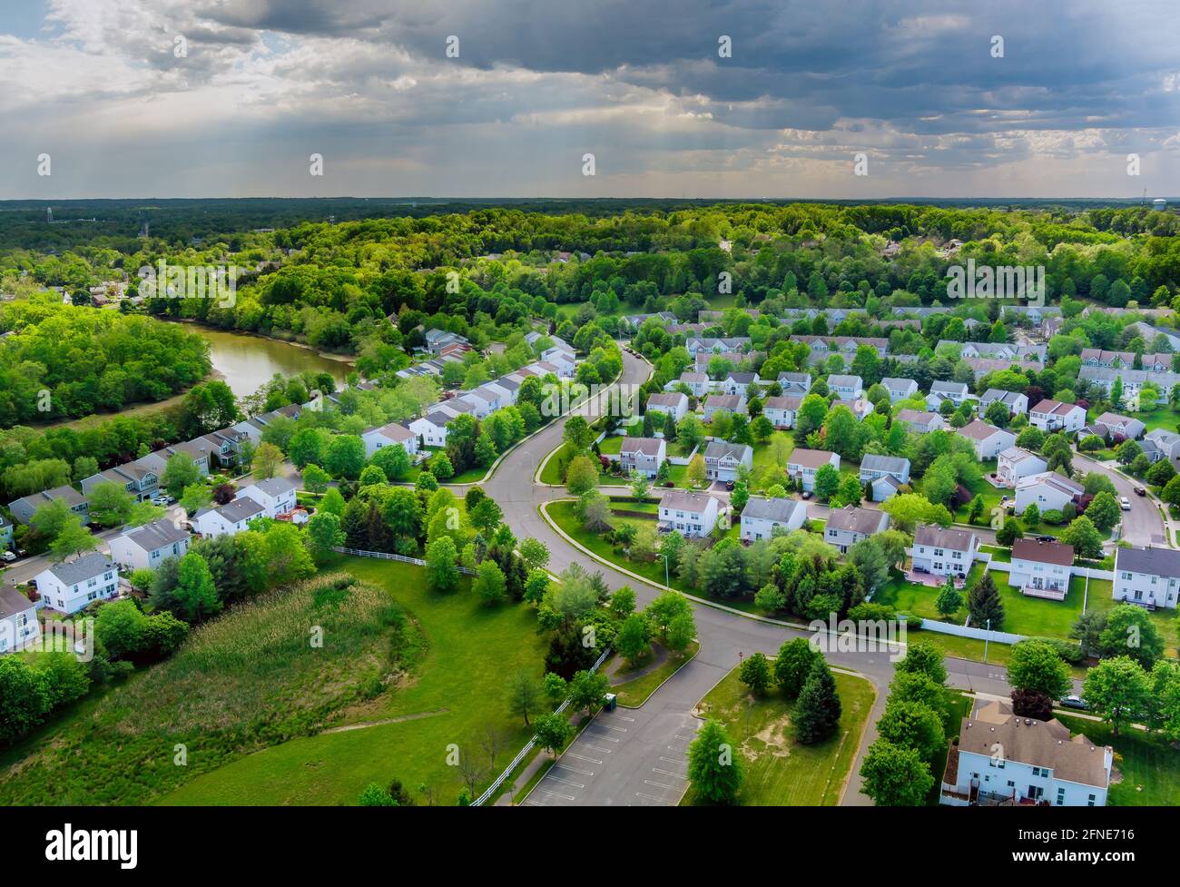 Aerial view roofs of the near a river town houses East Brunswick in the