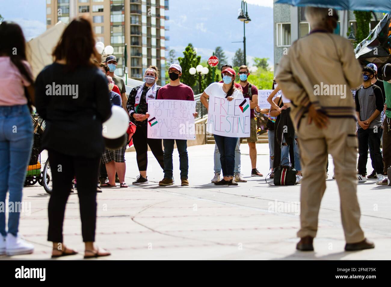 Reno, United States. 16th May, 2021. Protestors holding placards gather in the city plaza to support Palestinians during the demonstration. Pro Palestinian protestors gathered for a rally in the city plaza to share their support for Palestine and anger at what they see as Israeli aggression. Speakers at the event voiced their desire for the U.S. to stop sending military aid it Israel. (Photo by Ty O'Neil/SOPA Images/Sipa USA) Credit: Sipa USA/Alamy Live News Stock Photo