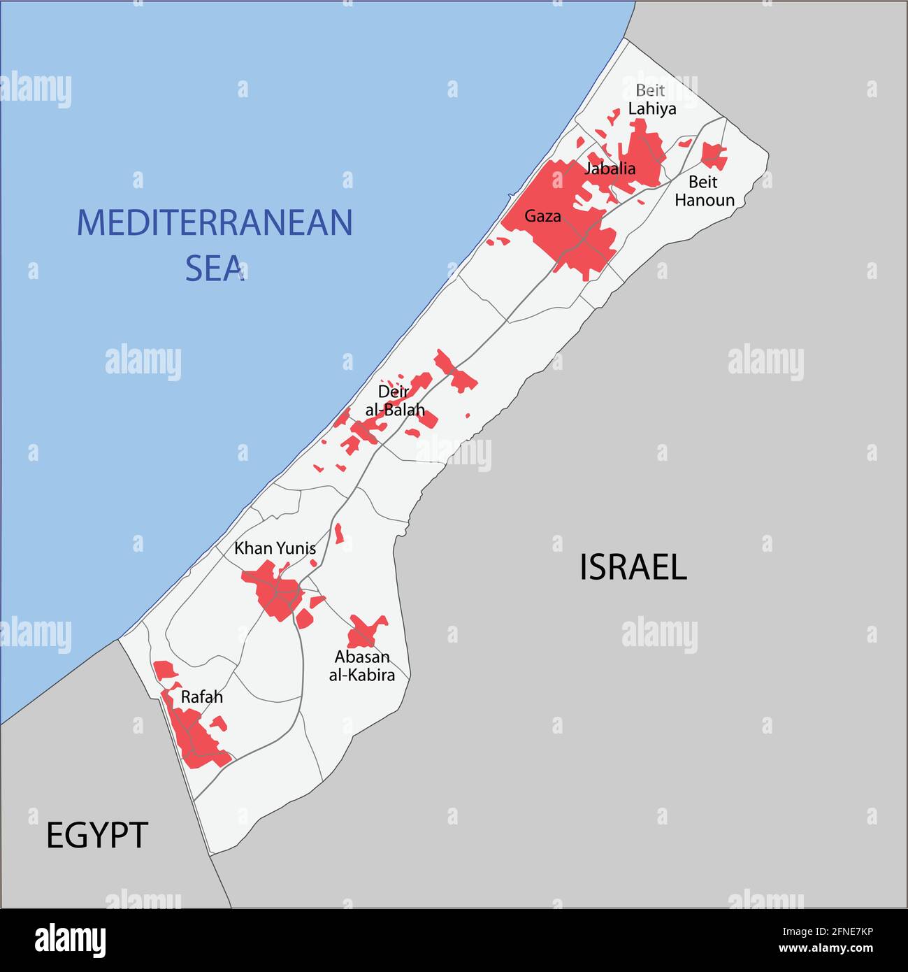 Map of Gaza Strip with roads and cities. Vector illustration Stock Vector