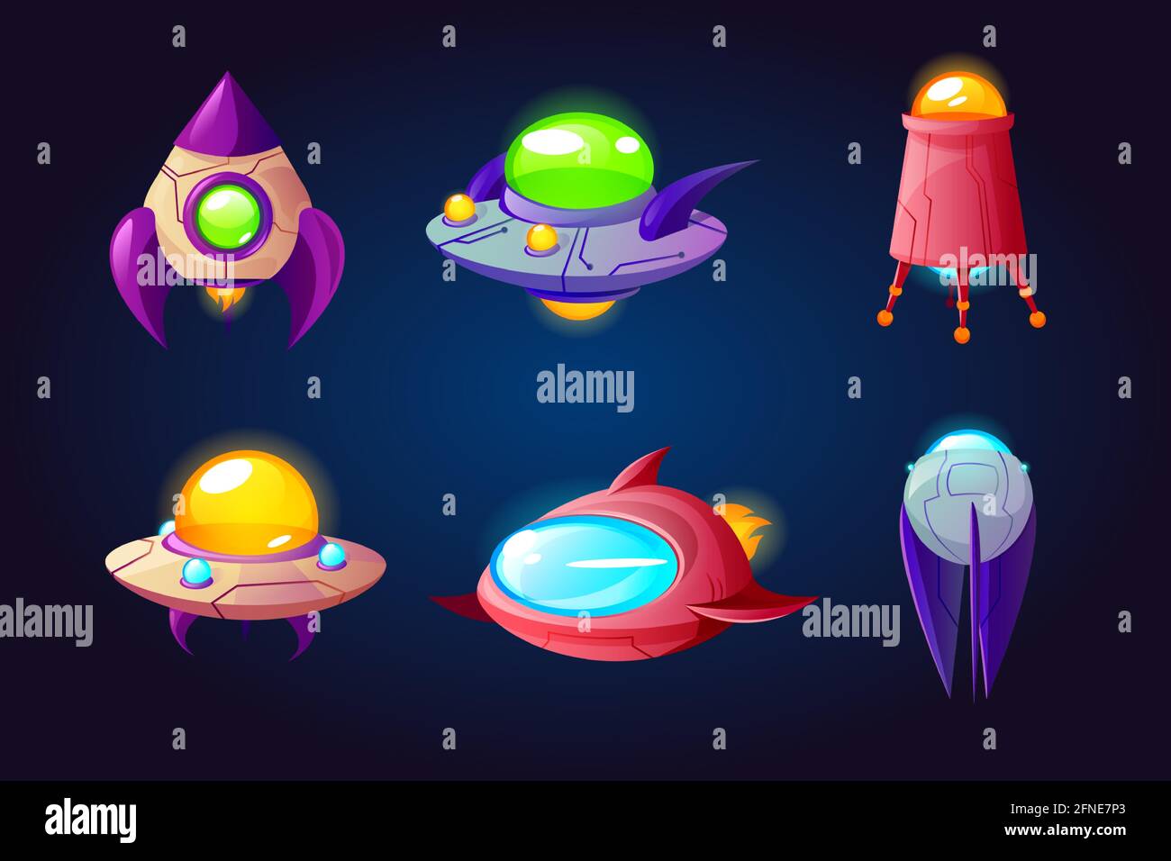 Alien space ships, ufo rockets, fantasy bizarre shuttles, computer game graphic design elements, cosmic collection of funny spaceships isolated on blue background, Cartoon vector illustration set Stock Vector