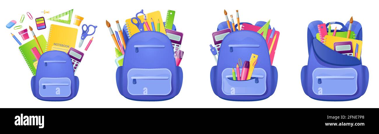 School bag with studying supplies and stationery inside. Backpack with notebook, paints and pen or pencil, ruler, calculator and brush. Back to school concept with student rucksack, Cartoon vector set Stock Vector