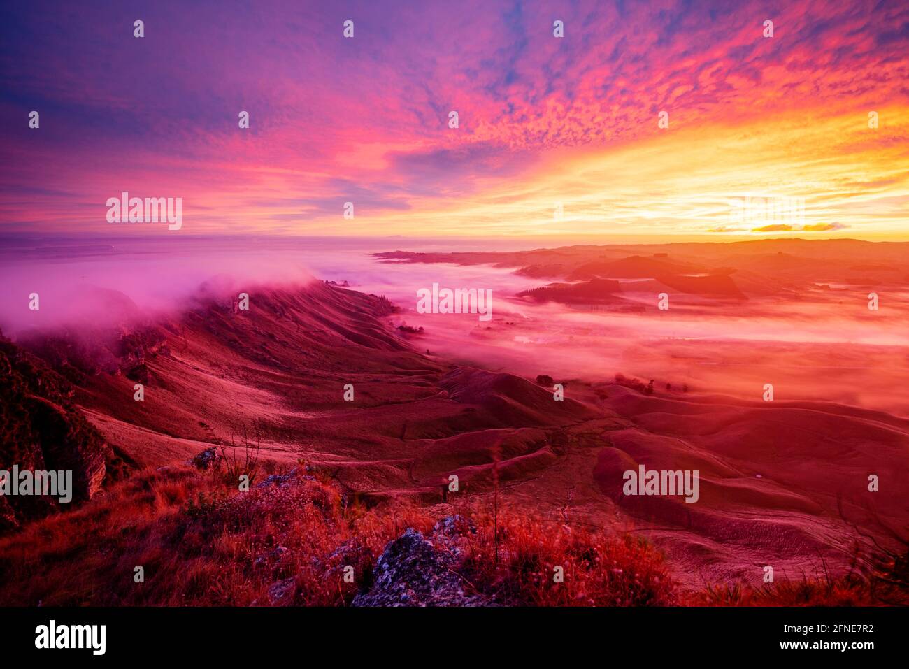 Colorful sunrise view from Te Mata Peak, Hawke's Bay, New Zealand Stock Photo