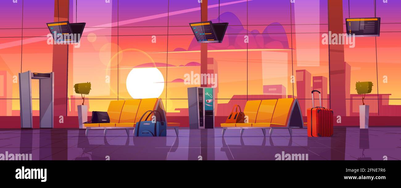 Waiting room in airport terminal with chairs, security scanner, luggage and schedule display at evening. Vector cartoon interior of departure area with seats, metal detector and sunset sky outside Stock Vector