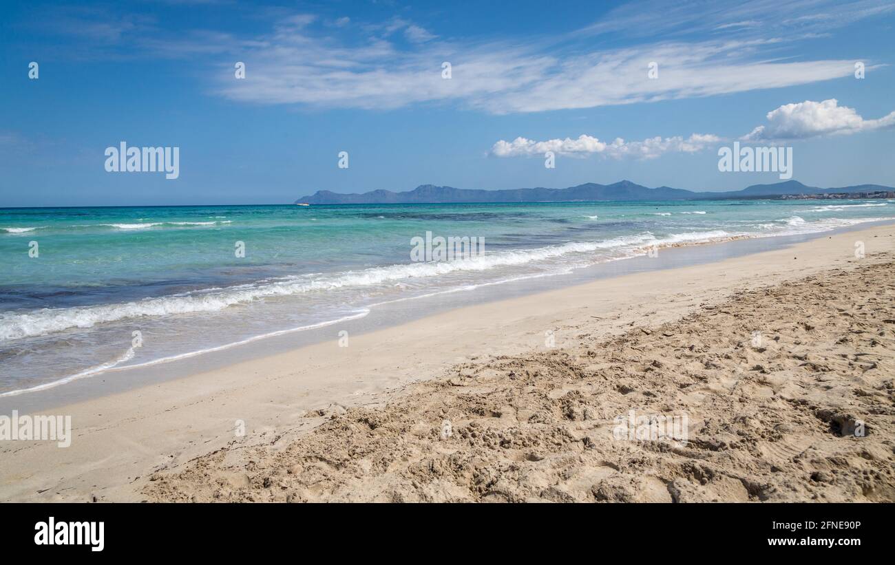 Empty beach in Majorca, Playa, Plata de Muro, Majorca, Spain Stock Photo