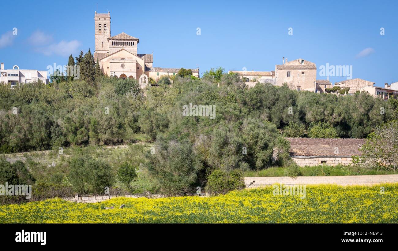 View of village with church Nuestra Senora d'Atocha, Majorcan village ...