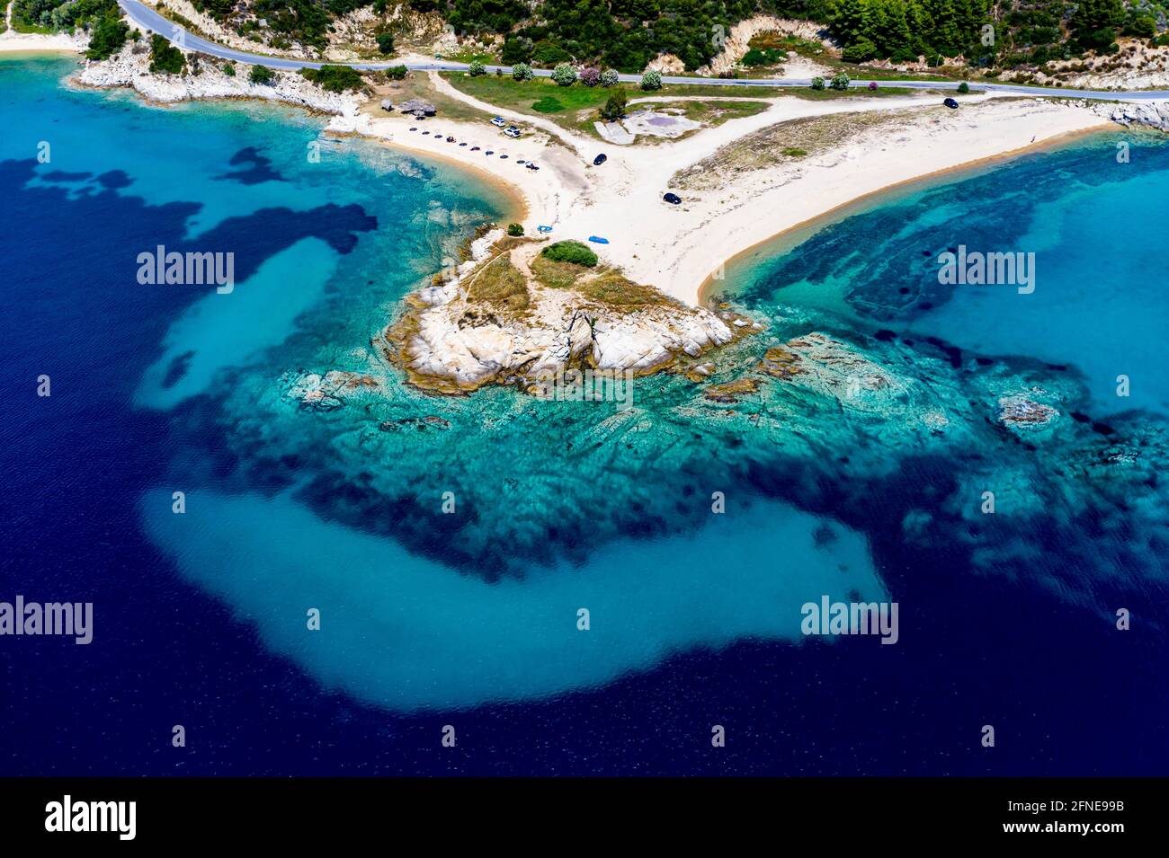 Turquoise water and white sand beach, Ema beach, Chalkidiki, Sithonia, Greece Stock Photo