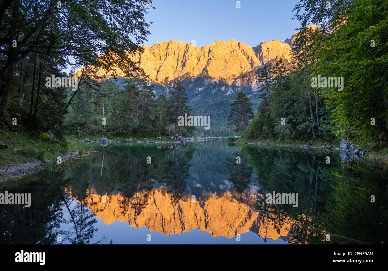 Evening atmosphere, Zugspitze massif with Zugspitze, sunrise, Wetterstein mountains, near Grainau, Upper Bavaria, Bavaria, Germany Stock Photo