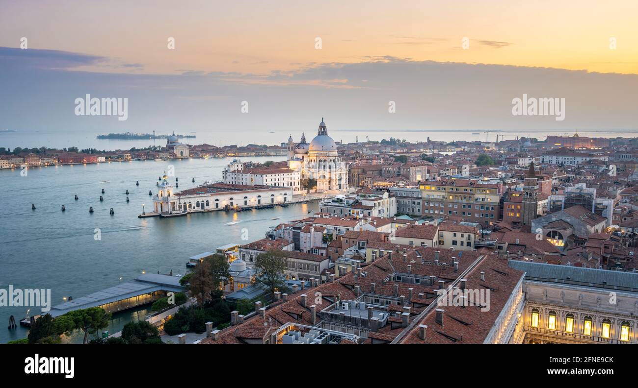 Evening atmosphere, Basilica di Santa Maria della Salute, view from the bell tower Campanile di San Marco, city view of Venice, Veneto, Italy Stock Photo