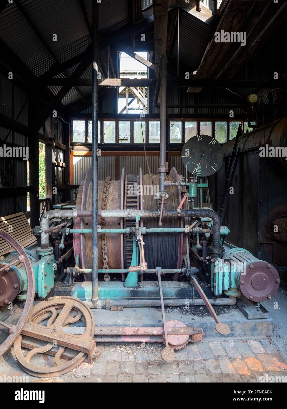 Old mine shaft machinery at Coal Creek, Korumburra, Australia Stock