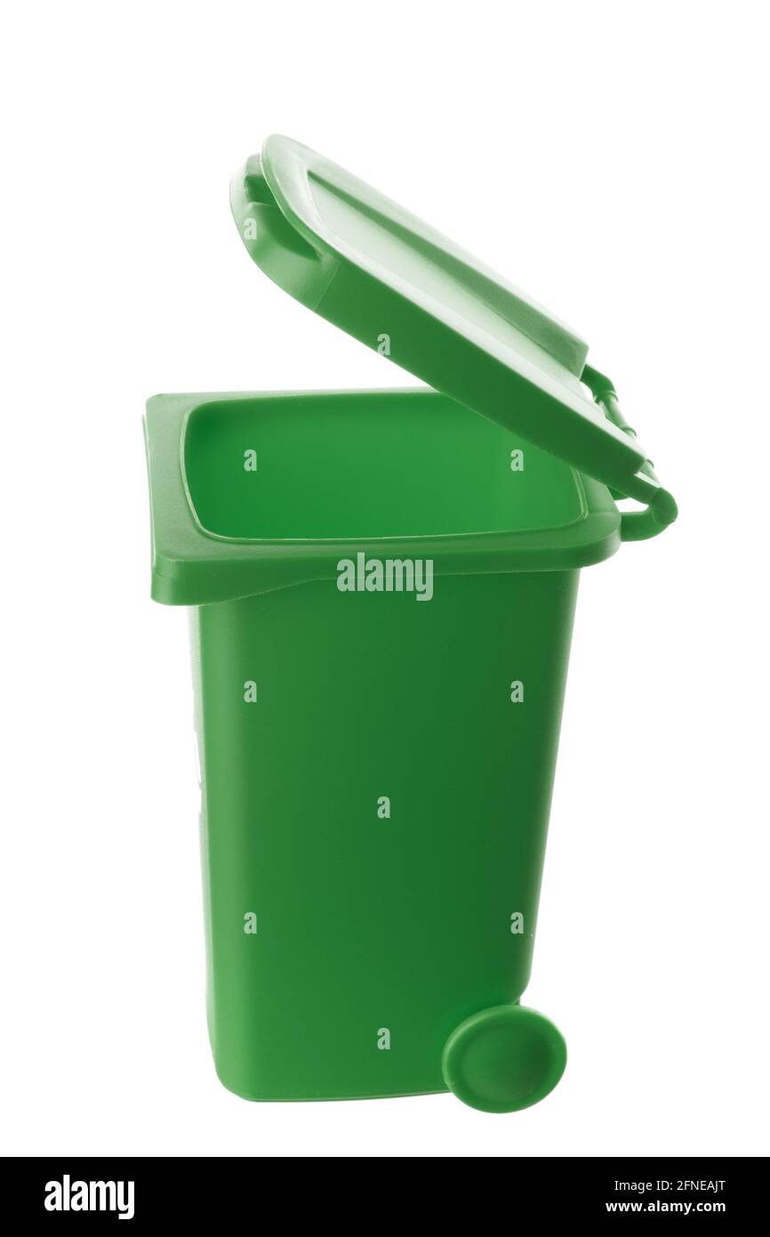Plastic green trash can isolated on white background Stock Photo Alamy