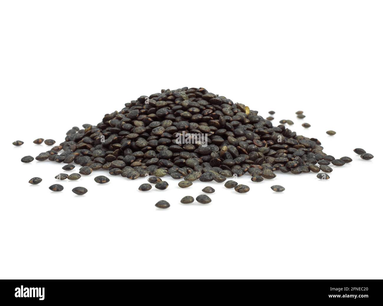 French green puy lentils, lentils esculenta, dried vegetables against white background Stock Photo