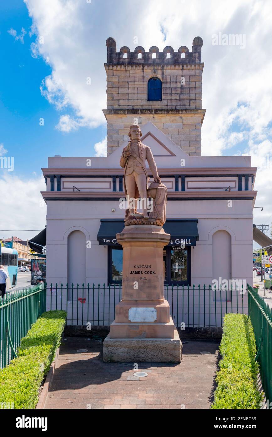 An 1874 over-size statue of Captain James Cook, carved from Pyrmont sandstone in the Sydney suburb of Randwick may be Australia's oldest Cook statue Stock Photo