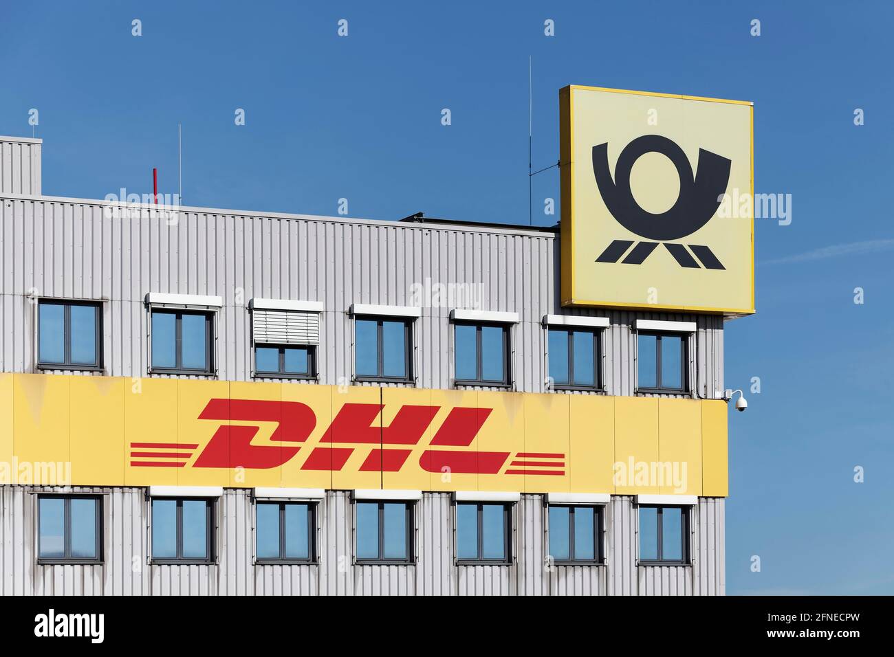 Logos DHL and Deutsche Post, DHL parcel centre Krefeld, parcel and letter express service, North Rhine-Westphalia, Germany Stock Photo
